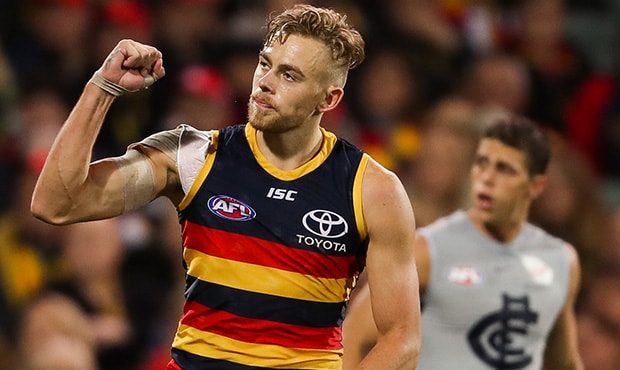 AFL 2018 Round 07 - Adelaide v Carlton ADELAIDE, AUSTRALIA - MAY 5: Hugh Greenwood of the Crows celebrates a goal during the 2018 AFL round seven match between the Adelaide Crows and the Carlton Blues at Adelaide Oval on May 5, 2018 in Adelaide, Australia. (Photo by AFL Media)